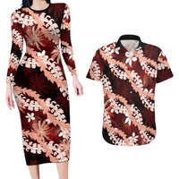 Puakenikeni Maile Lei Couples Matching Long Sleeve Bodycon Dress and Hawaiian Shirt Frangipani Red Tropical Leaves LT01 Red - Polynesian Pride