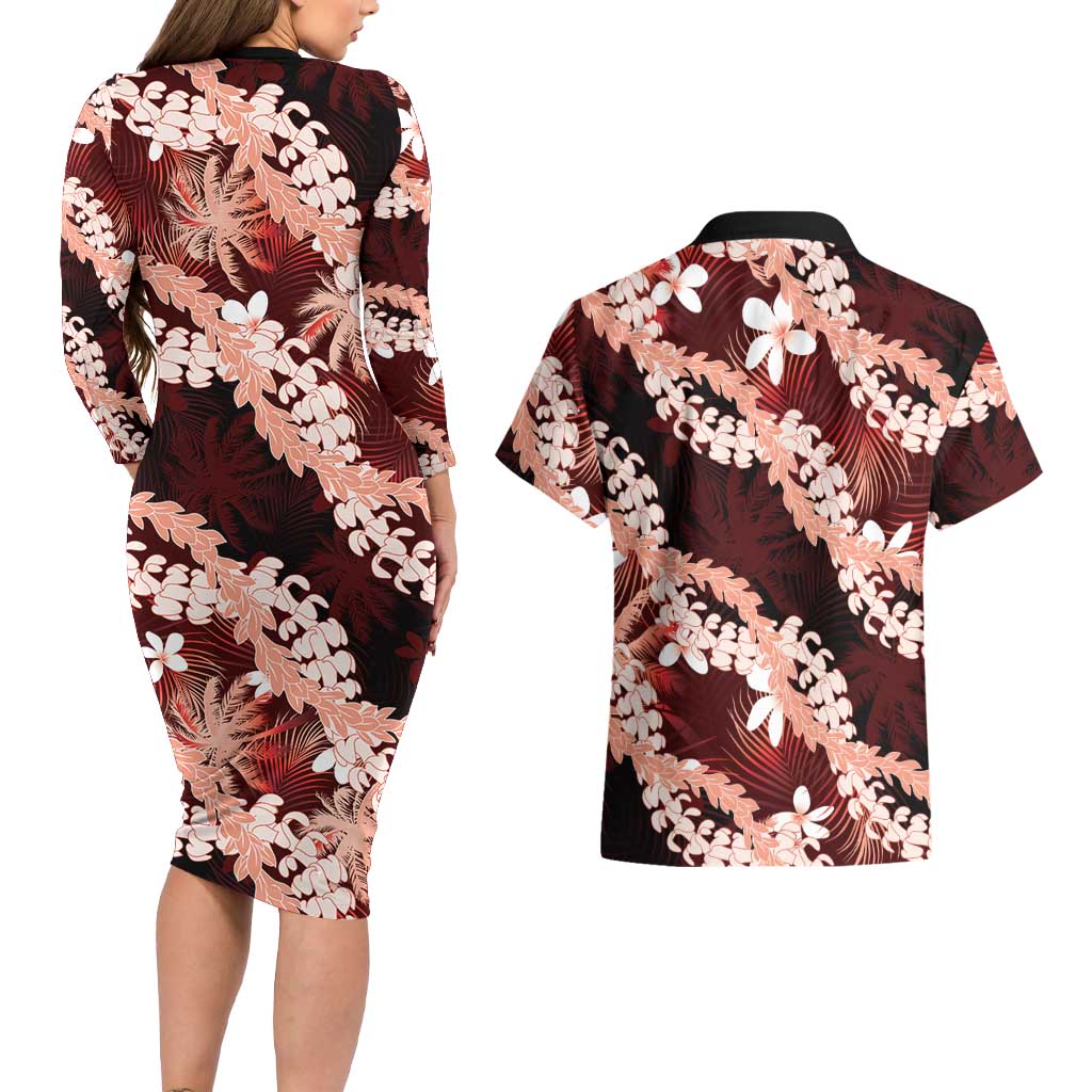 Puakenikeni Maile Lei Couples Matching Long Sleeve Bodycon Dress and Hawaiian Shirt Frangipani Red Tropical Leaves LT01 - Polynesian Pride