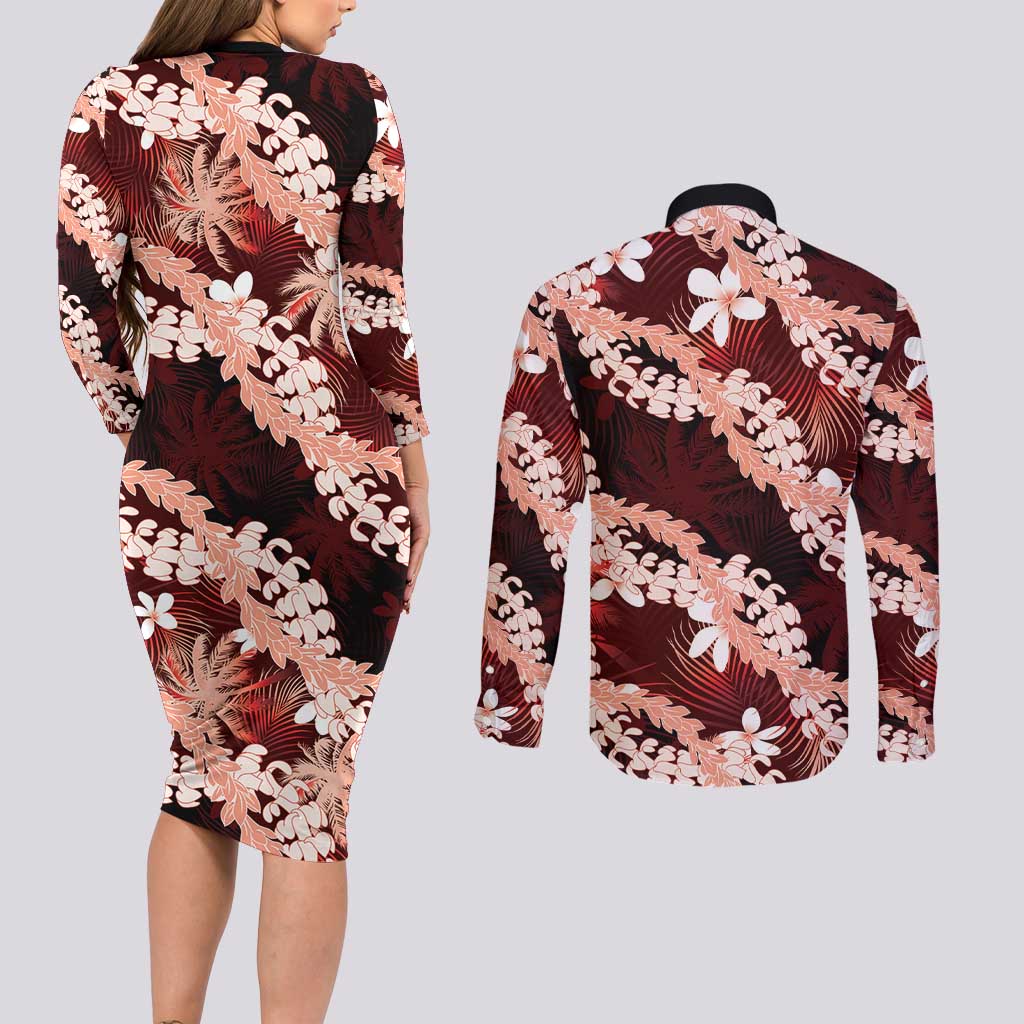Puakenikeni Maile Lei Couples Matching Long Sleeve Bodycon Dress and Long Sleeve Button Shirt Frangipani Red Tropical Leaves LT01 - Polynesian Pride