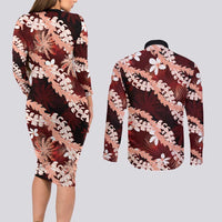 Puakenikeni Maile Lei Couples Matching Long Sleeve Bodycon Dress and Long Sleeve Button Shirt Frangipani Red Tropical Leaves LT01 - Polynesian Pride