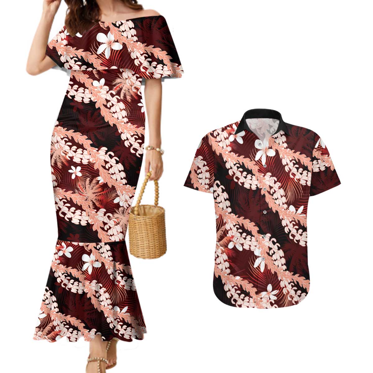 Puakenikeni Maile Lei Couples Matching Mermaid Dress and Hawaiian Shirt Frangipani Red Tropical Leaves