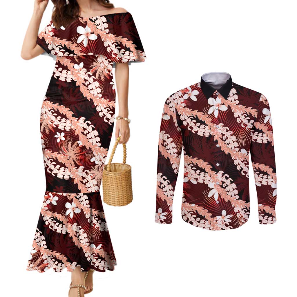 Puakenikeni Maile Lei Couples Matching Mermaid Dress and Long Sleeve Button Shirt Frangipani Red Tropical Leaves LT01 Red - Polynesian Pride