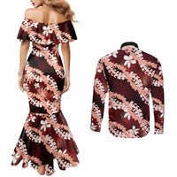 Puakenikeni Maile Lei Couples Matching Mermaid Dress and Long Sleeve Button Shirt Frangipani Red Tropical Leaves LT01 - Polynesian Pride