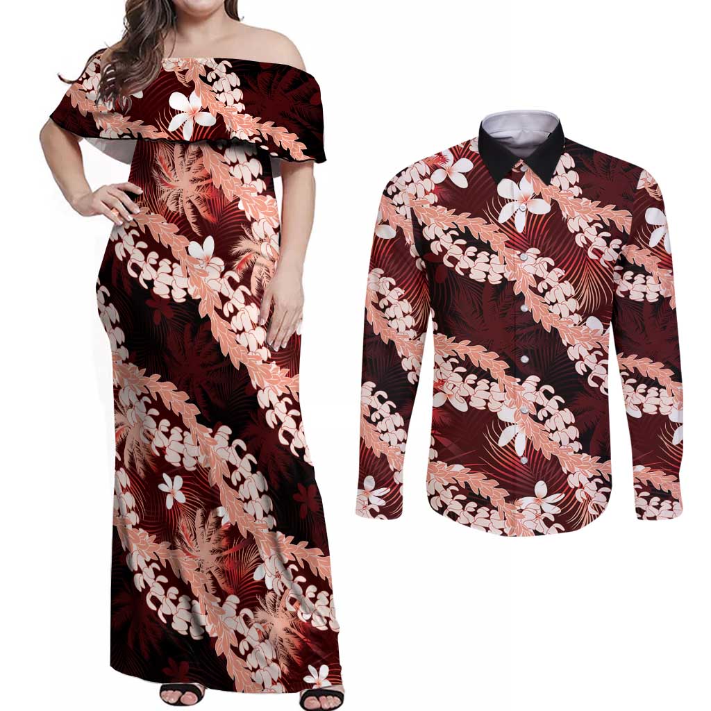 Puakenikeni Maile Lei Couples Matching Off Shoulder Maxi Dress and Long Sleeve Button Shirt Frangipani Red Tropical Leaves LT01 Red - Polynesian Pride