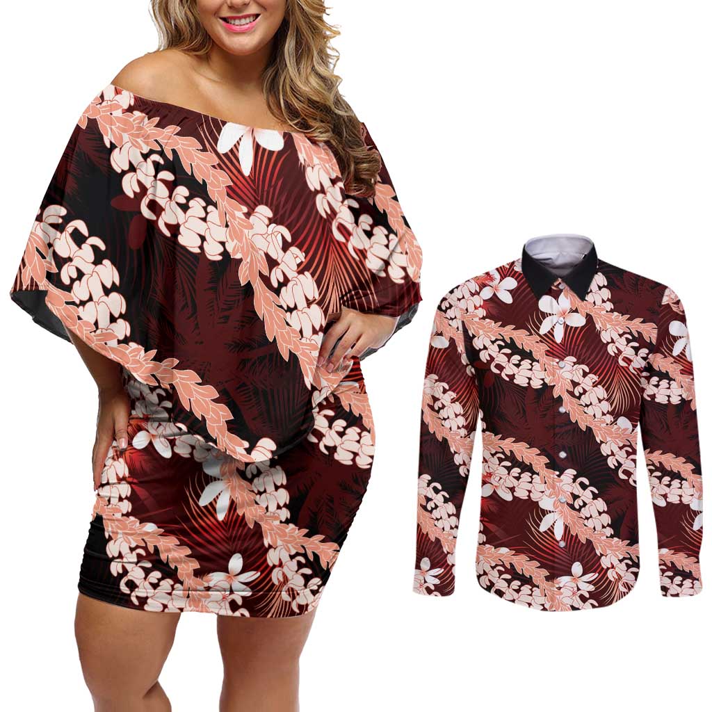 Puakenikeni Maile Lei Couples Matching Off Shoulder Short Dress and Long Sleeve Button Shirt Frangipani Red Tropical Leaves LT01 Red - Polynesian Pride