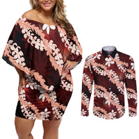 Puakenikeni Maile Lei Couples Matching Off Shoulder Short Dress and Long Sleeve Button Shirt Frangipani Red Tropical Leaves LT01 Red - Polynesian Pride