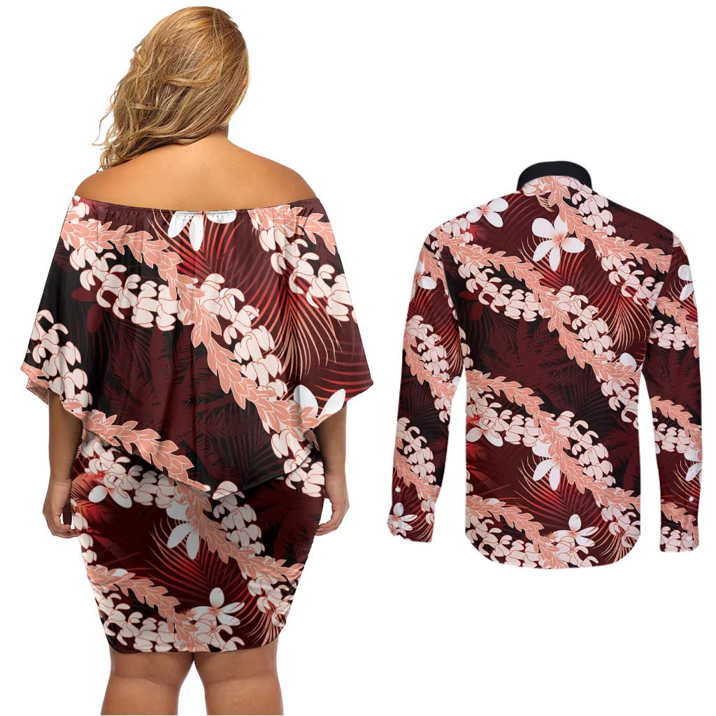 Puakenikeni Maile Lei Couples Matching Off Shoulder Short Dress and Long Sleeve Button Shirt Frangipani Red Tropical Leaves LT01 - Polynesian Pride