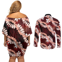 Puakenikeni Maile Lei Couples Matching Off Shoulder Short Dress and Long Sleeve Button Shirt Frangipani Red Tropical Leaves LT01 - Polynesian Pride