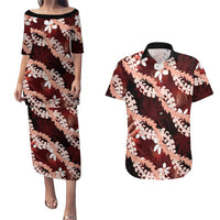 Puakenikeni Maile Lei Couples Matching Puletasi and Hawaiian Shirt Frangipani Red Tropical Leaves LT01 Red - Polynesian Pride