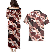 Puakenikeni Maile Lei Couples Matching Puletasi and Hawaiian Shirt Frangipani Red Tropical Leaves LT01 - Polynesian Pride