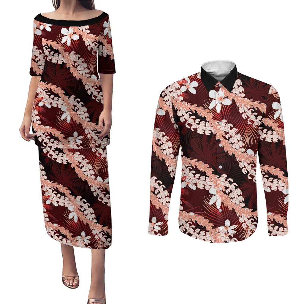 Puakenikeni Maile Lei Couples Matching Puletasi and Long Sleeve Button Shirt Frangipani Red Tropical Leaves LT01 Red - Polynesian Pride