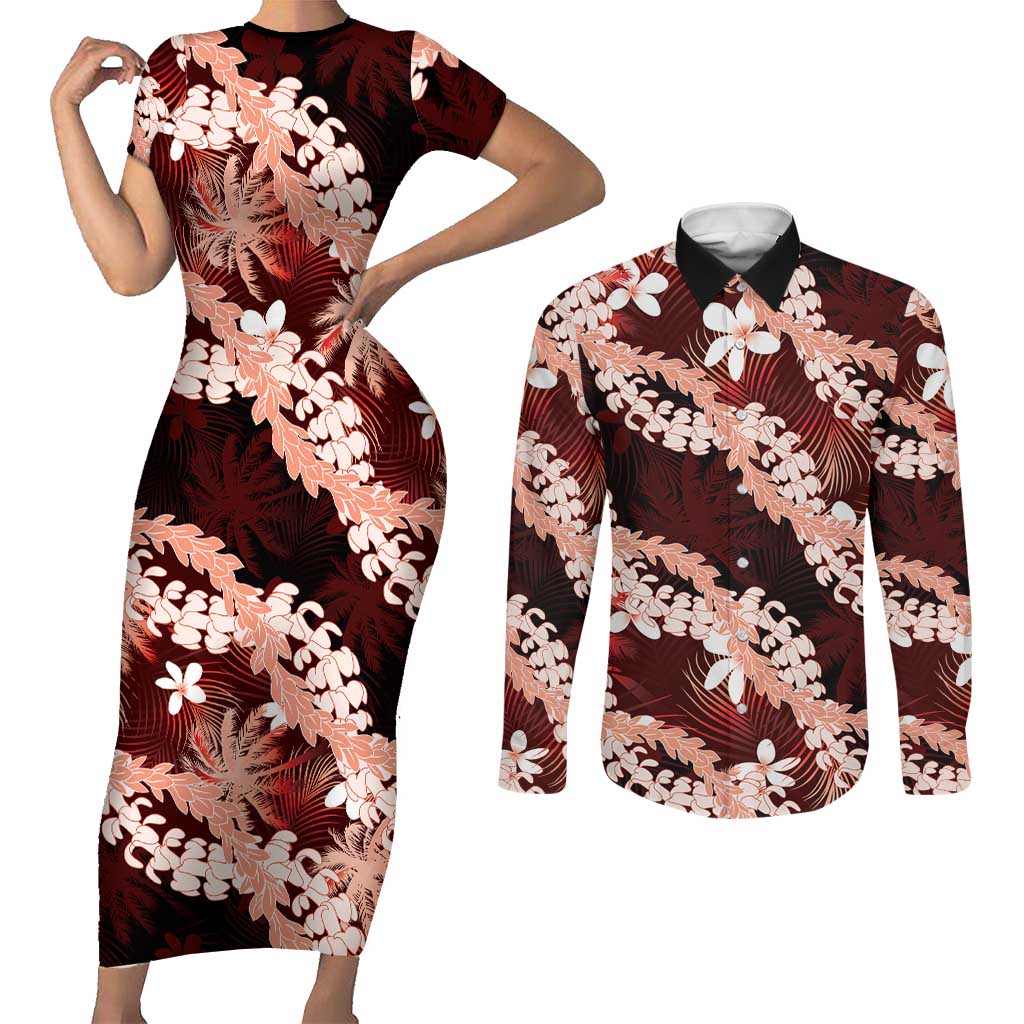 Puakenikeni Maile Lei Couples Matching Short Sleeve Bodycon Dress and Long Sleeve Button Shirt Frangipani Red Tropical Leaves LT01 Red - Polynesian Pride