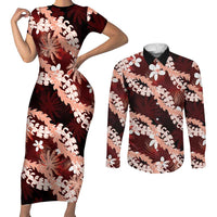 Puakenikeni Maile Lei Couples Matching Short Sleeve Bodycon Dress and Long Sleeve Button Shirt Frangipani Red Tropical Leaves LT01 Red - Polynesian Pride