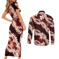 Puakenikeni Maile Lei Couples Matching Short Sleeve Bodycon Dress and Long Sleeve Button Shirt Frangipani Red Tropical Leaves LT01 - Polynesian Pride