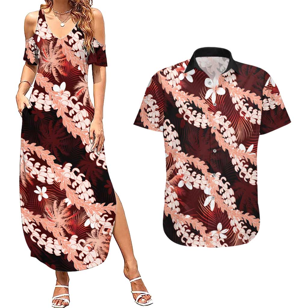 Puakenikeni Maile Lei Couples Matching Summer Maxi Dress and Hawaiian Shirt Frangipani Red Tropical Leaves LT01 Red - Polynesian Pride