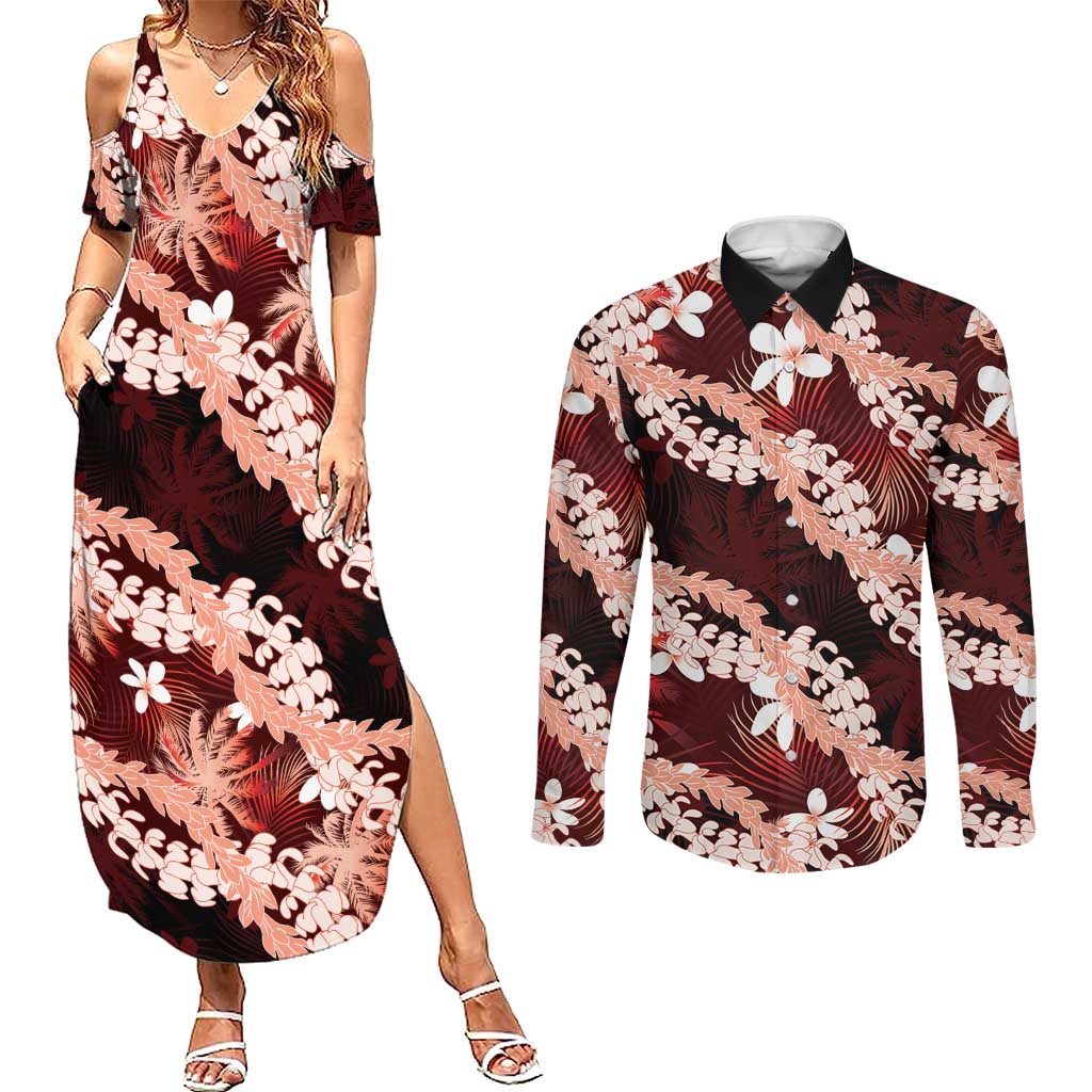 Puakenikeni Maile Lei Couples Matching Summer Maxi Dress and Long Sleeve Button Shirt Frangipani Red Tropical Leaves LT01 Red - Polynesian Pride