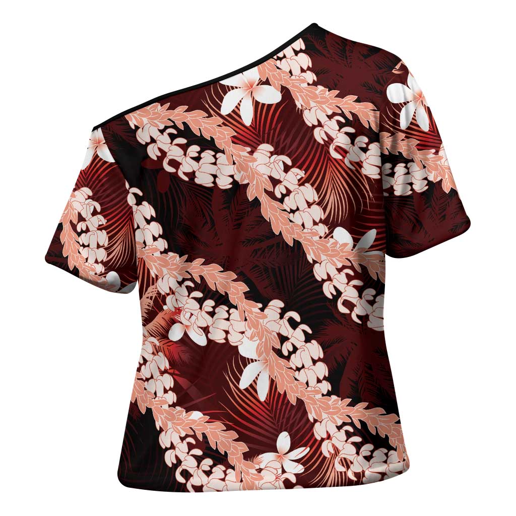 Puakenikeni Maile Lei Cross Shoulder Shirt Frangipani Red Tropical Leaves