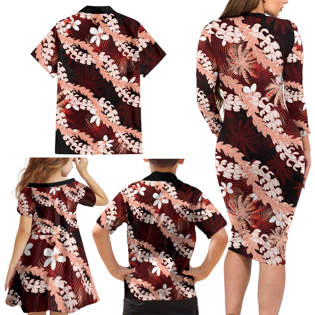 Puakenikeni Maile Lei Family Matching Long Sleeve Bodycon Dress and Hawaiian Shirt Frangipani Red Tropical Leaves LT01 - Polynesian Pride