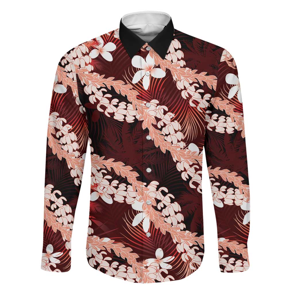 Puakenikeni Maile Lei Family Matching Long Sleeve Bodycon Dress and Hawaiian Shirt Frangipani Red Tropical Leaves LT01 Dad's Shirt - Long Sleeve Red - Polynesian Pride