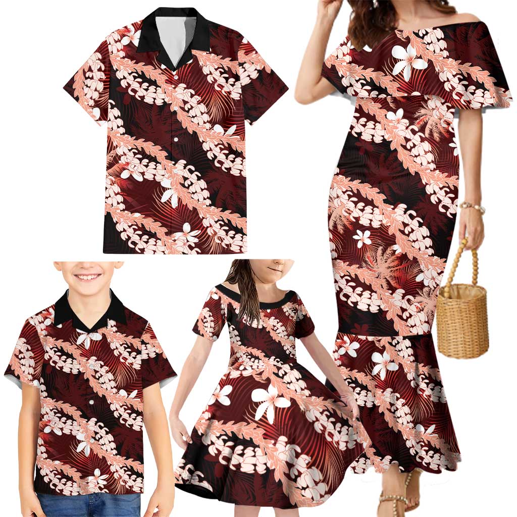 Puakenikeni Maile Lei Family Matching Mermaid Dress and Hawaiian Shirt Frangipani Red Tropical Leaves LT01 - Polynesian Pride
