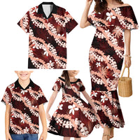 Puakenikeni Maile Lei Family Matching Mermaid Dress and Hawaiian Shirt Frangipani Red Tropical Leaves LT01 - Polynesian Pride