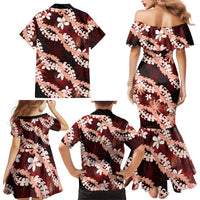 Puakenikeni Maile Lei Family Matching Mermaid Dress and Hawaiian Shirt Frangipani Red Tropical Leaves LT01 - Polynesian Pride