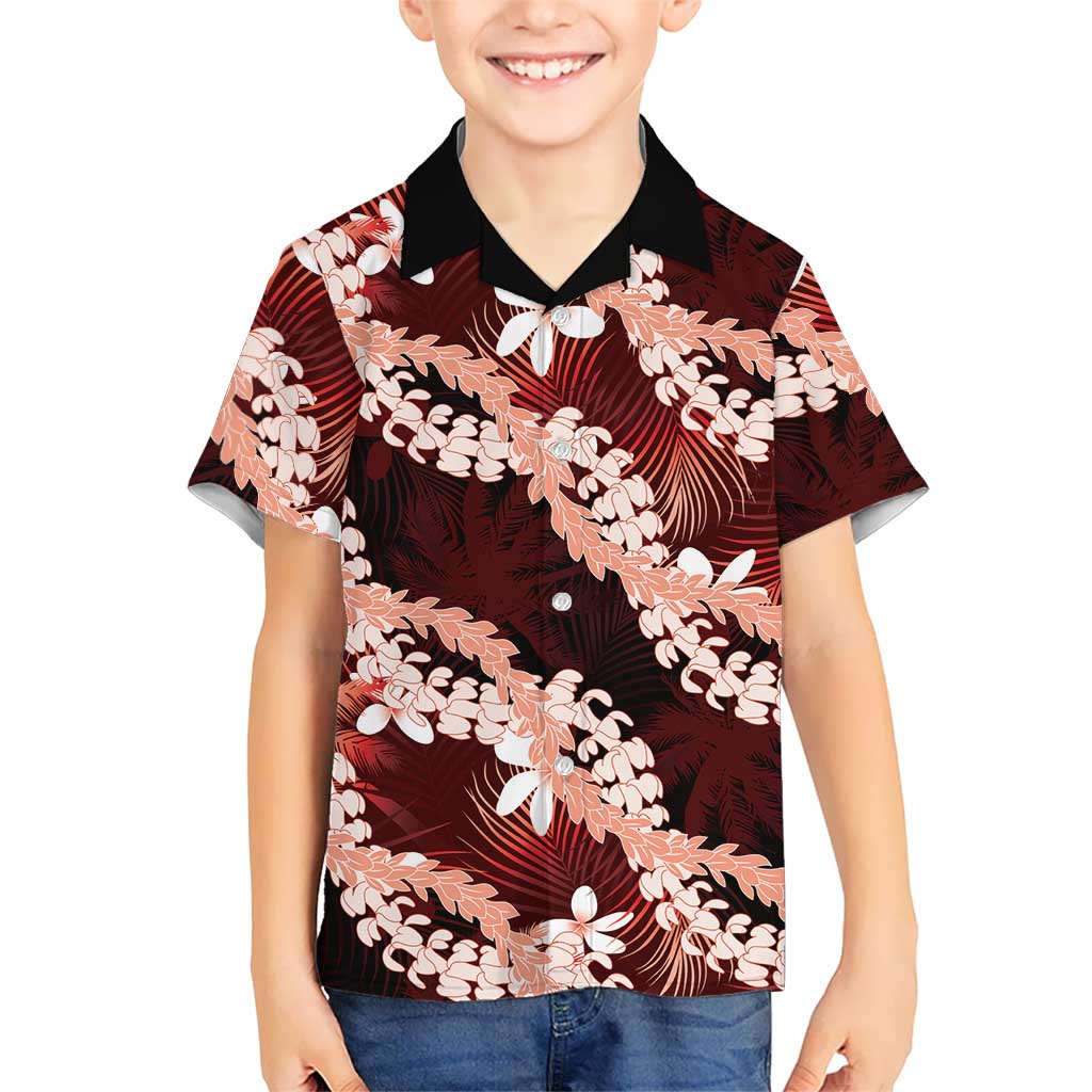 Puakenikeni Maile Lei Family Matching Mermaid Dress and Hawaiian Shirt Frangipani Red Tropical Leaves LT01 Son's Shirt Red - Polynesian Pride
