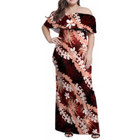 Puakenikeni Maile Lei Family Matching Off Shoulder Maxi Dress and Hawaiian Shirt Frangipani Red Tropical Leaves LT01 Mom's Dress Red - Polynesian Pride