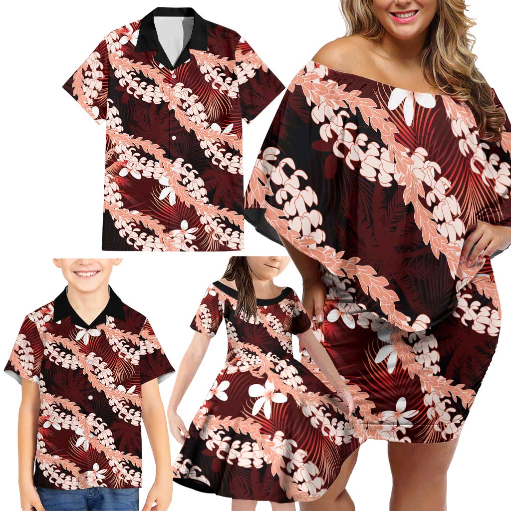 Puakenikeni Maile Lei Family Matching Off Shoulder Short Dress and Hawaiian Shirt Frangipani Red Tropical Leaves LT01 - Polynesian Pride