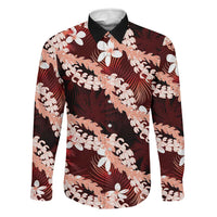 Puakenikeni Maile Lei Family Matching Off Shoulder Short Dress and Hawaiian Shirt Frangipani Red Tropical Leaves LT01 Dad's Shirt - Long Sleeve Red - Polynesian Pride