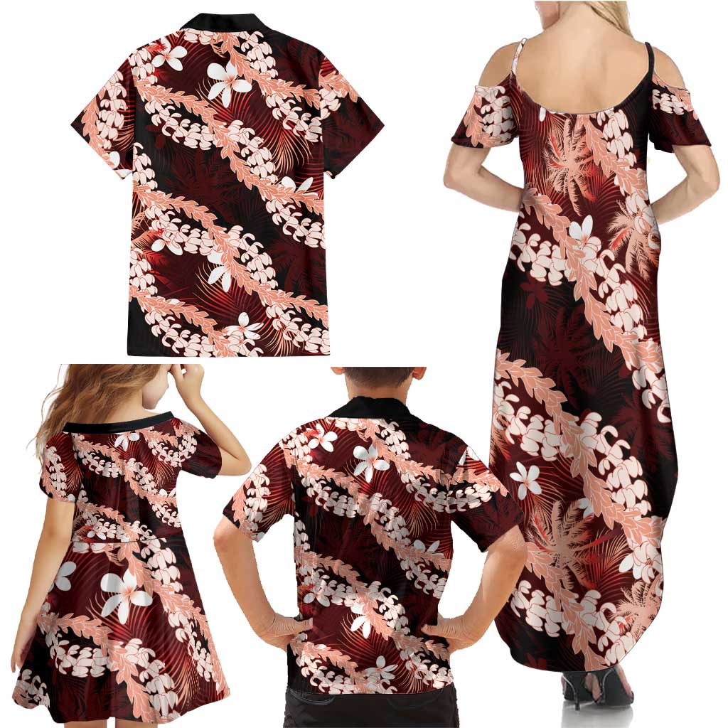 Puakenikeni Maile Lei Family Matching Summer Maxi Dress and Hawaiian Shirt Frangipani Red Tropical Leaves LT01 - Polynesian Pride