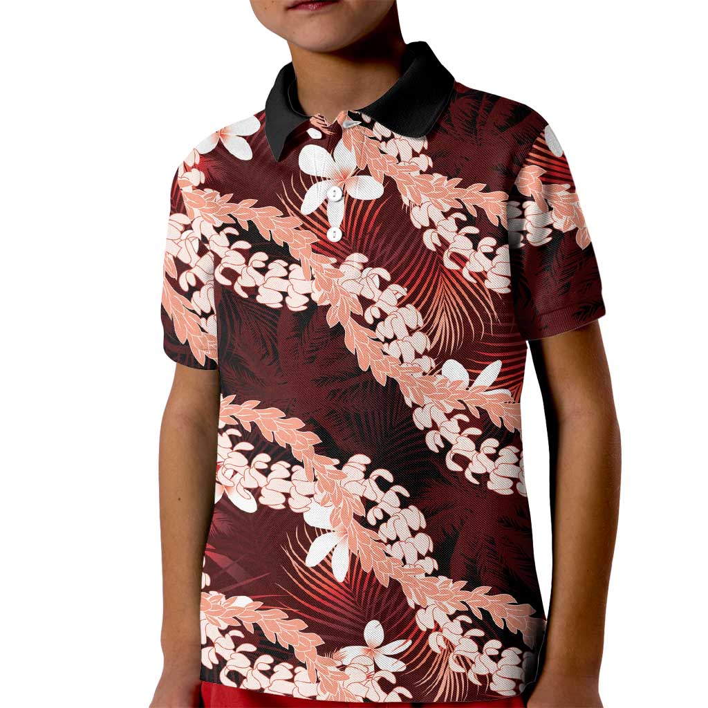 Puakenikeni Maile Lei Kid Polo Shirt Frangipani Red Tropical Leaves
