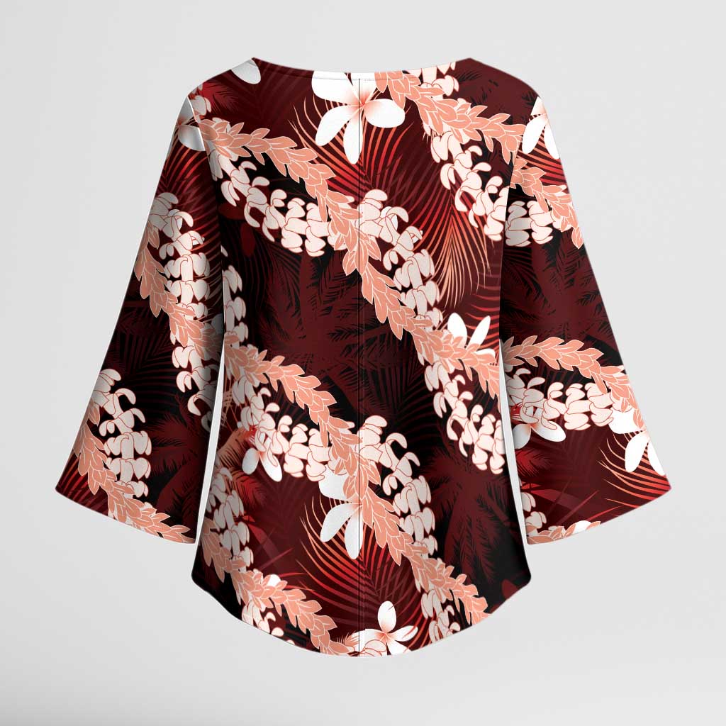 Puakenikeni Maile Lei Kimono Sleeve Blouse Frangipani Red Tropical Leaves