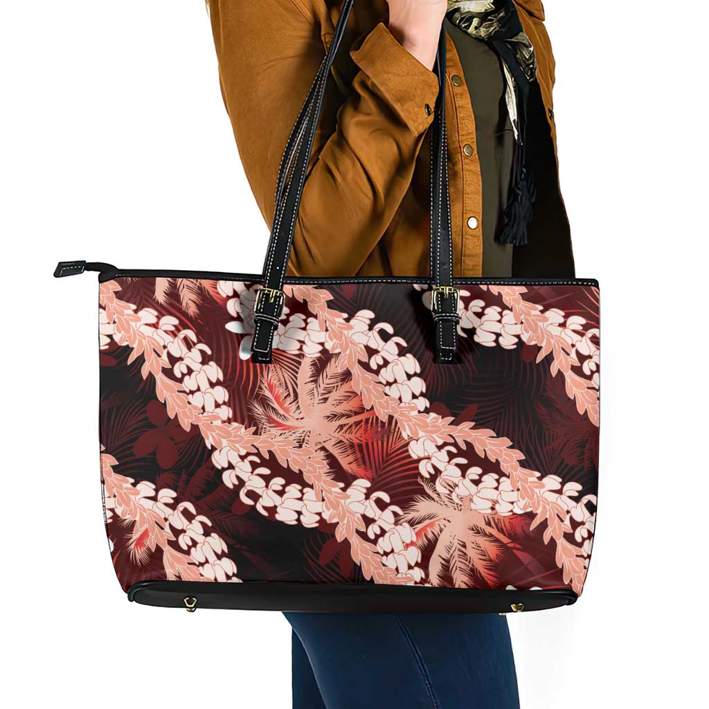 Puakenikeni Maile Lei Leather Tote Bag Frangipani Red Tropical Leaves