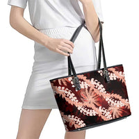 Puakenikeni Maile Lei Leather Tote Bag Frangipani Red Tropical Leaves