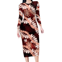 Puakenikeni Maile Lei Long Sleeve Bodycon Dress Frangipani Red Tropical Leaves LT01 Long Dress Red - Polynesian Pride
