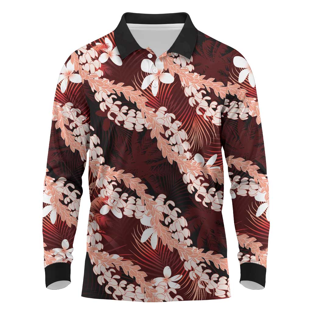 Puakenikeni Maile Lei Long Sleeve Polo Shirt Frangipani Red Tropical Leaves
