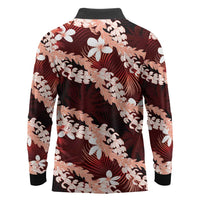 Puakenikeni Maile Lei Long Sleeve Polo Shirt Frangipani Red Tropical Leaves LT01 - Polynesian Pride