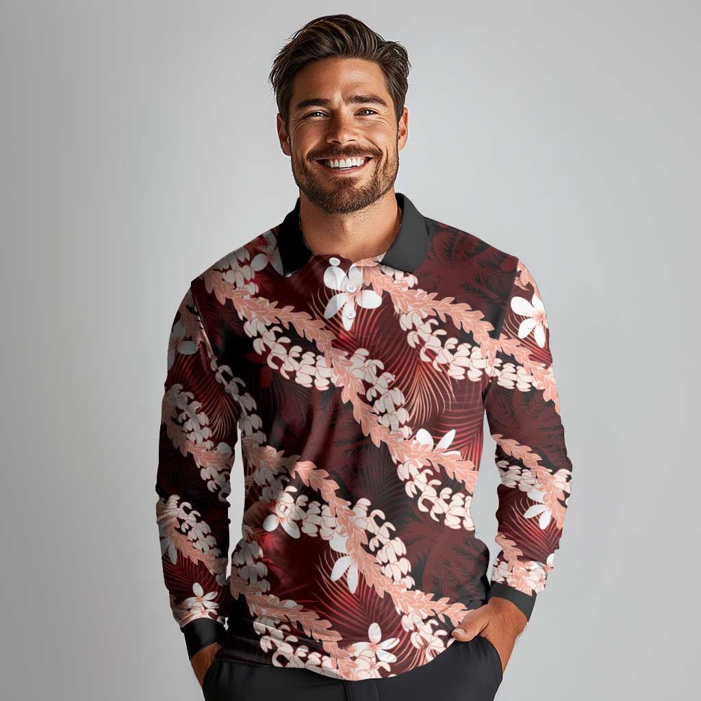 Puakenikeni Maile Lei Long Sleeve Polo Shirt Frangipani Red Tropical Leaves LT01 - Polynesian Pride