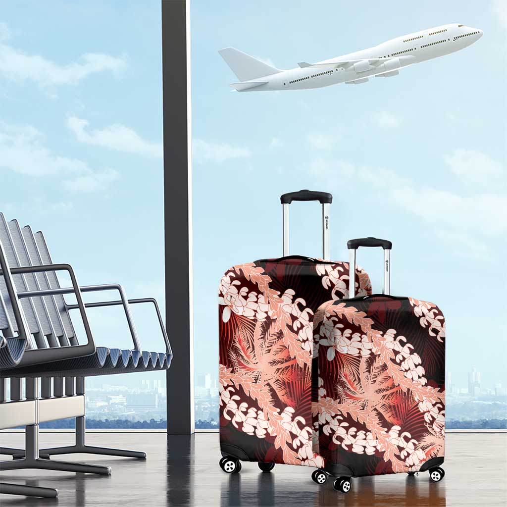 Puakenikeni Maile Lei Luggage Cover Frangipani Red Tropical Leaves