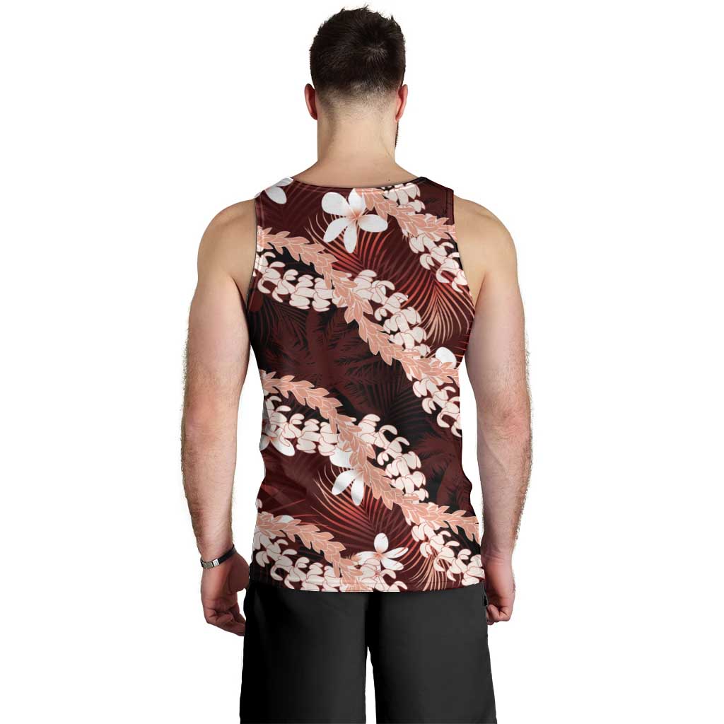 Puakenikeni Maile Lei Men Tank Top Frangipani Red Tropical Leaves