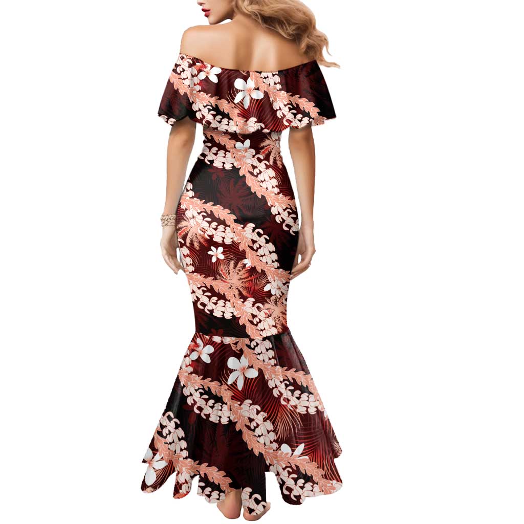 Puakenikeni Maile Lei Mermaid Dress Frangipani Red Tropical Leaves LT01 - Polynesian Pride