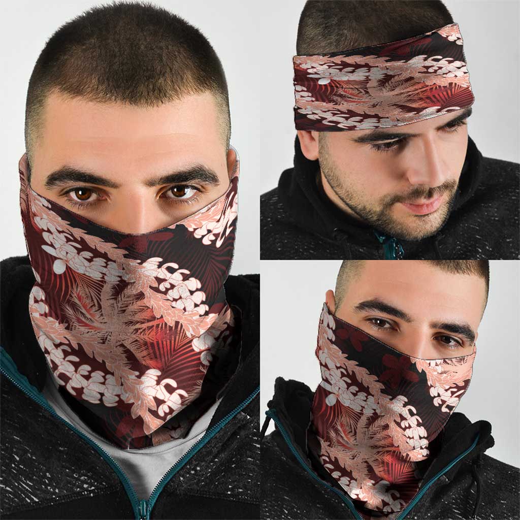 Puakenikeni Maile Lei Neck Gaiter Frangipani Red Tropical Leaves