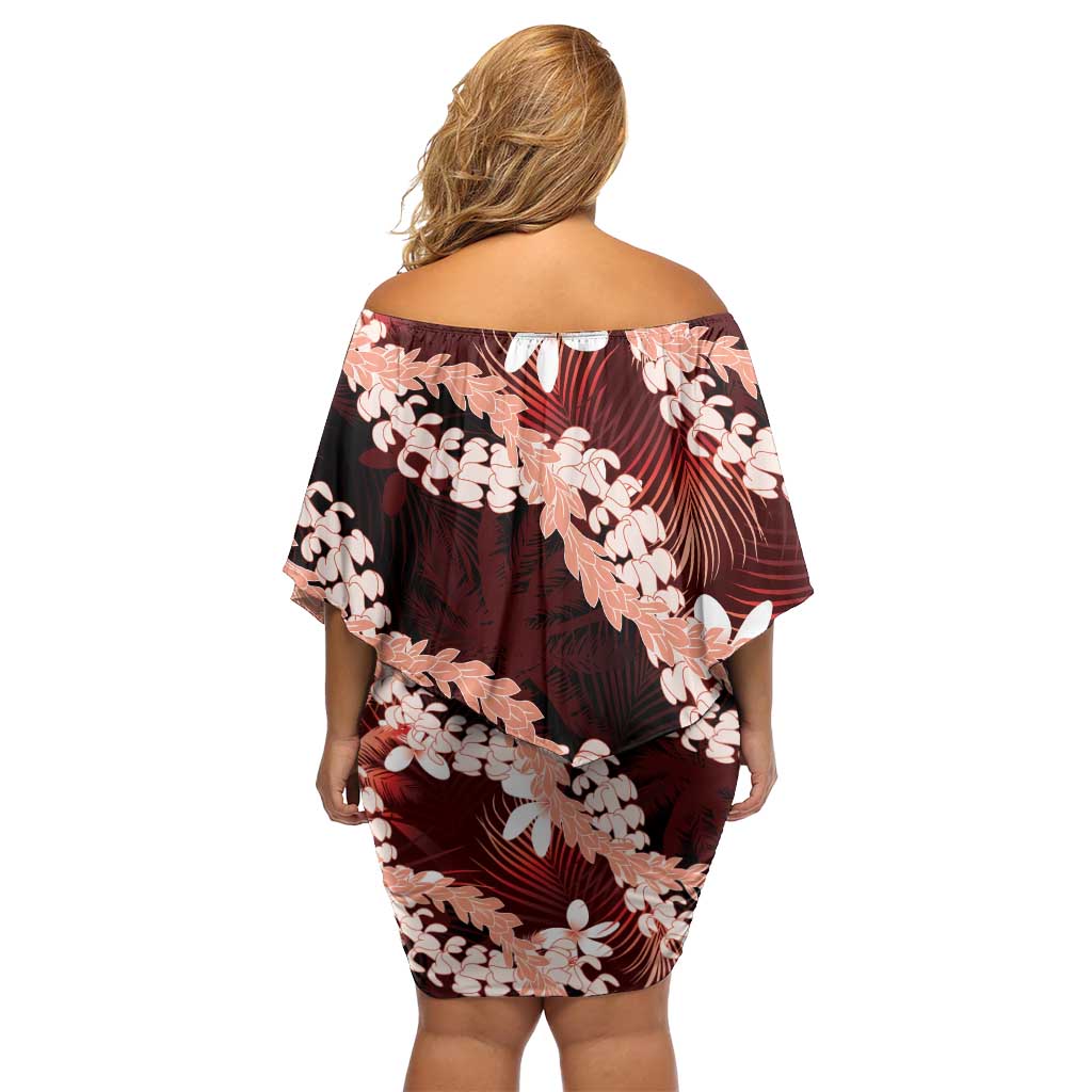 Puakenikeni Maile Lei Off Shoulder Short Dress Frangipani Red Tropical Leaves