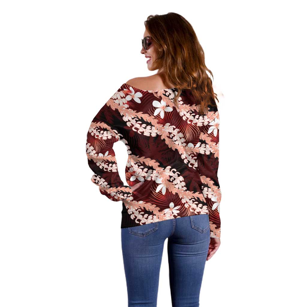 Puakenikeni Maile Lei Off Shoulder Sweater Frangipani Red Tropical Leaves