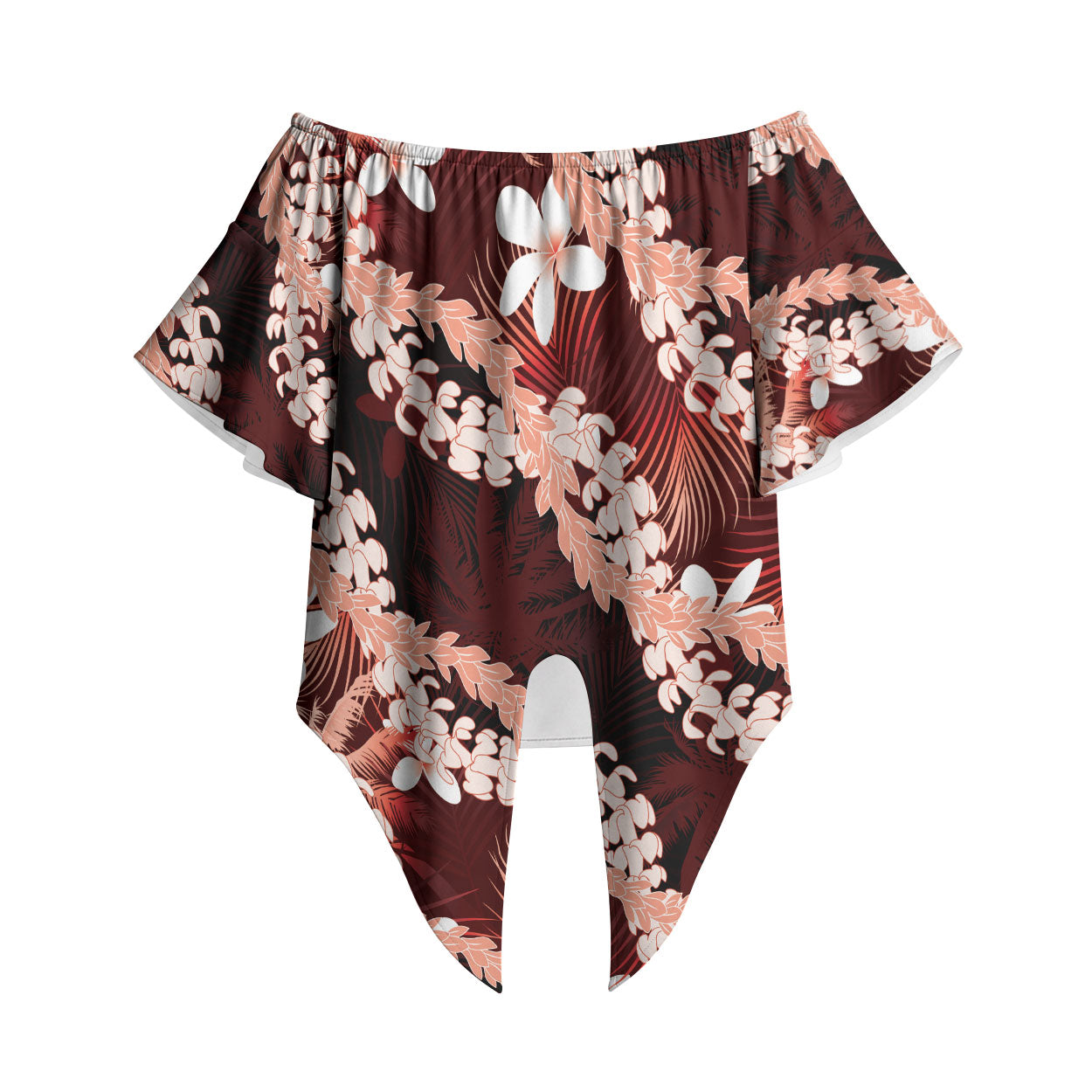 Puakenikeni Maile Lei Off Shoulder Wrap Waist Top Frangipani Red Tropical Leaves LT01 Red - Polynesian Pride