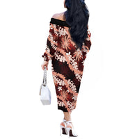 Puakenikeni Maile Lei Off The Shoulder Long Sleeve Dress Frangipani Red Tropical Leaves LT01 - Polynesian Pride