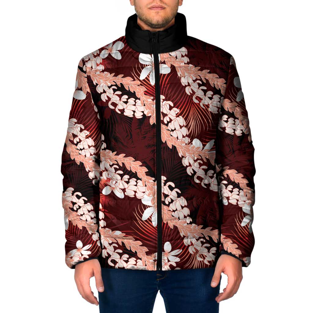 Puakenikeni Maile Lei Padded Jacket Frangipani Red Tropical Leaves