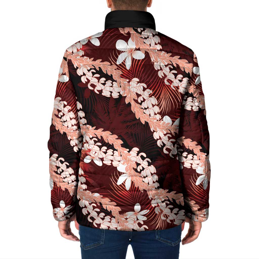 Puakenikeni Maile Lei Padded Jacket Frangipani Red Tropical Leaves