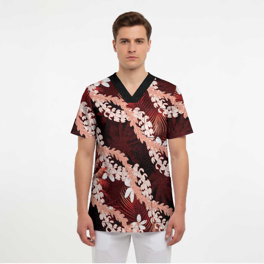 Puakenikeni Maile Lei Scrub Top Frangipani Red Tropical Leaves